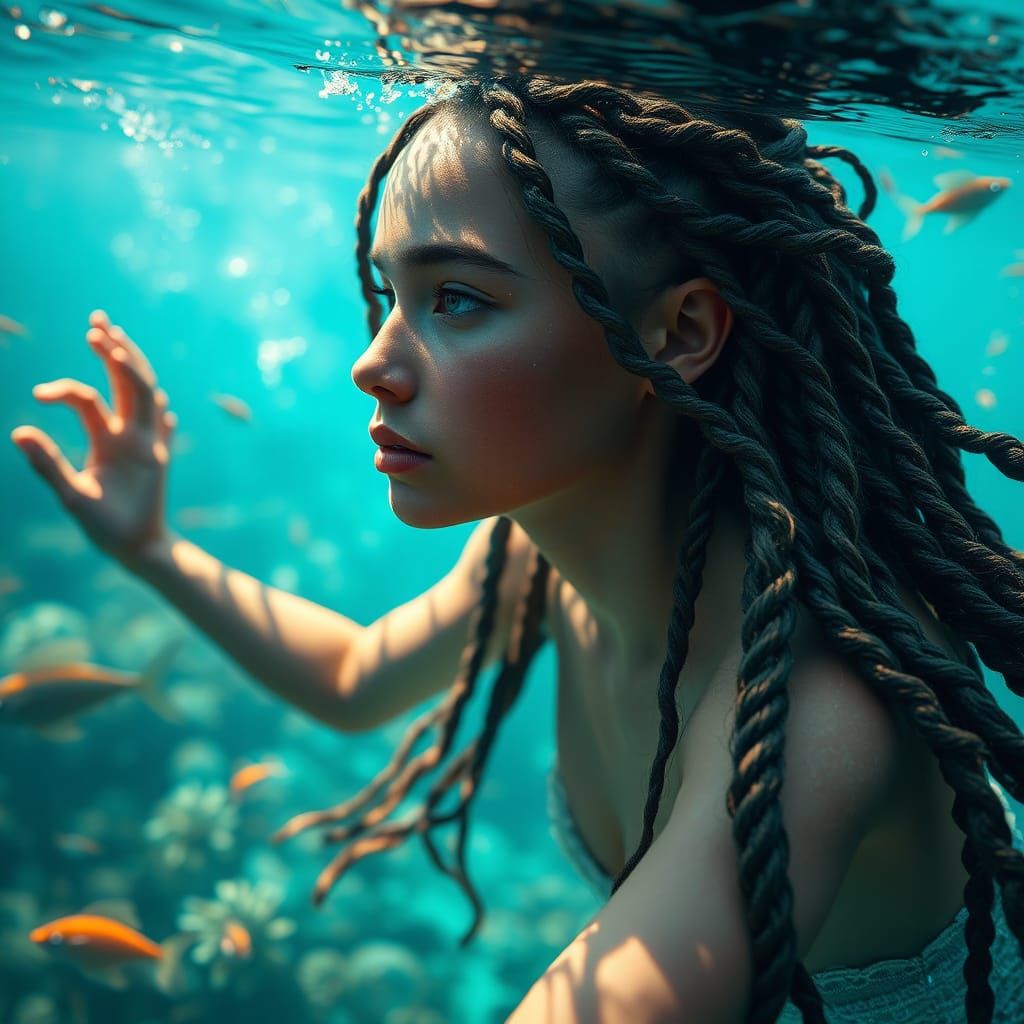 Underwater Woman with Braids in Matte Painting Style