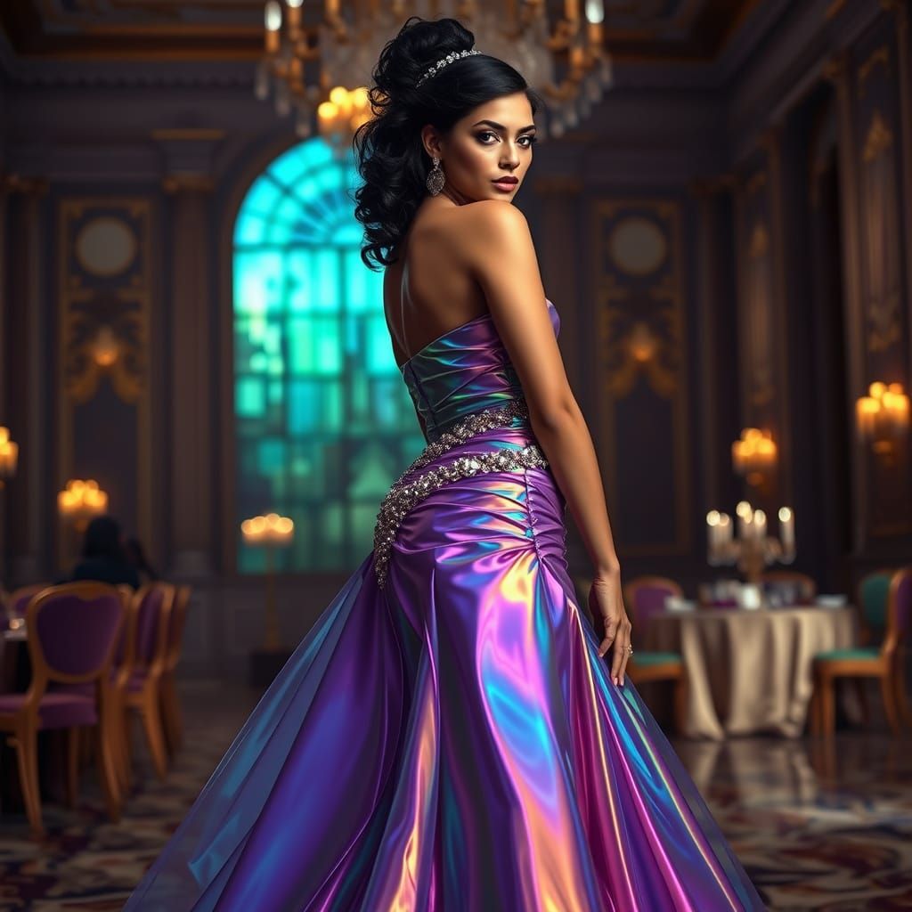 Elegant Woman in Iridescent Obsidian Gown in Opulent Ballroo...