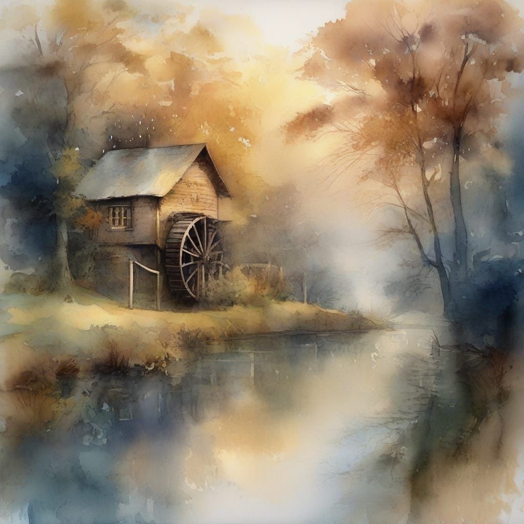 Ethereal Waterwheel at Sunrise in Dreamy, Turner-Inspired St...