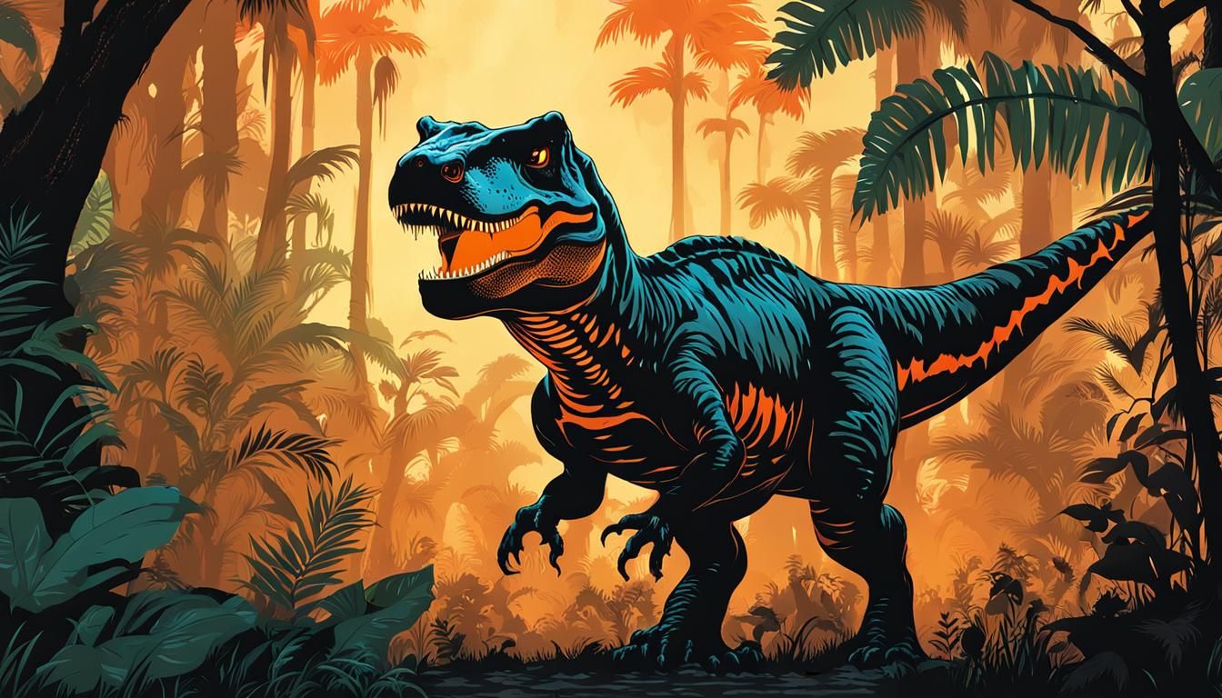 Happy T-Rex in Prehistoric Jungle Ink Poster