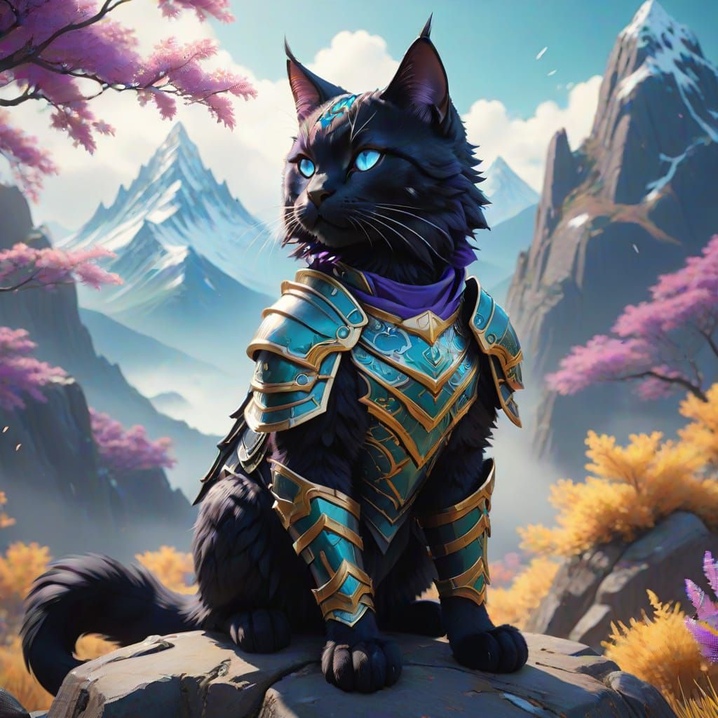 Armored Black Cat in Mountains: Fauvist Anime Art