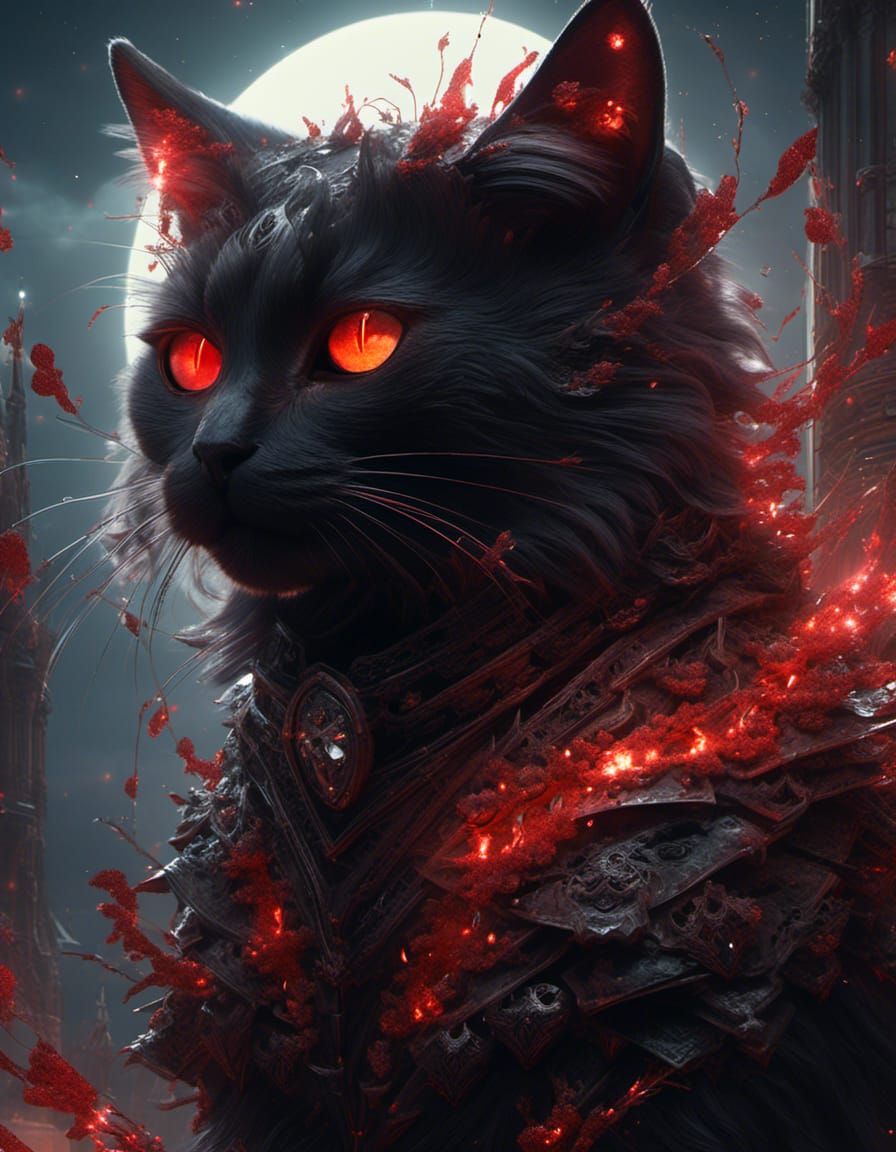 Hyperrealistic Black Cat with Red Eye in Dark Fantasy Style