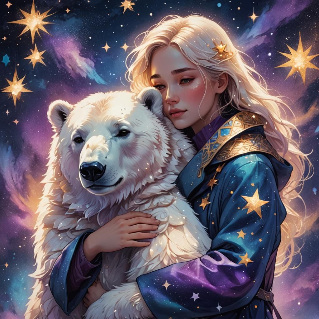 Girl Hugs Star Bear in Dreamy Fantasy Art