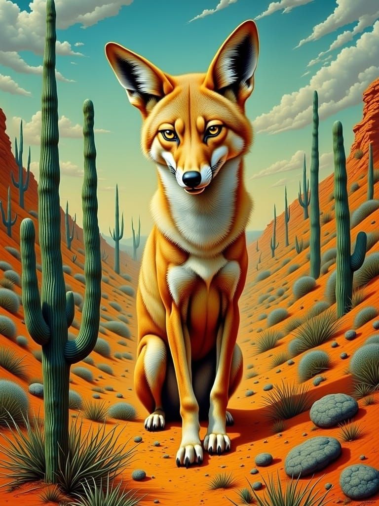 Coyote in Melting Desert, a Surrealist Oil Painting