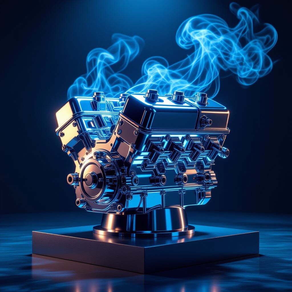 Chrome Engine Block Pulsating with Ethereal Energy in Void