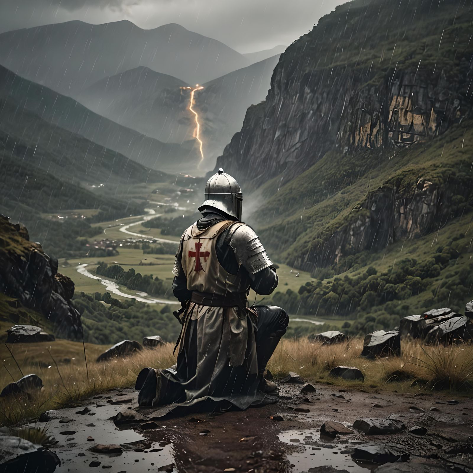 Knights Templar Praying in Stormy Mountains