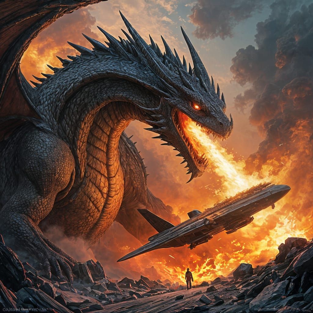 Dragon Spitting Fire Crushing Plane