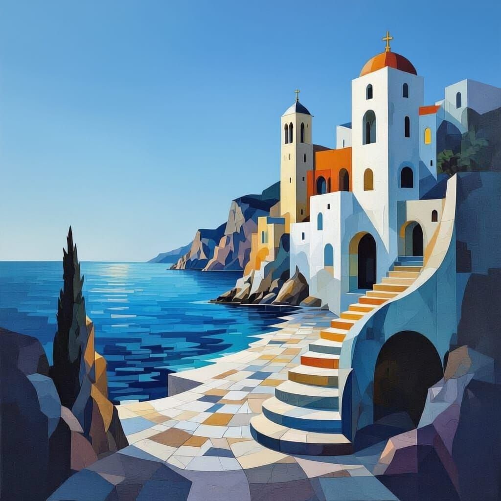 Mediterranean Coastal Scene in Kafkaesque Style