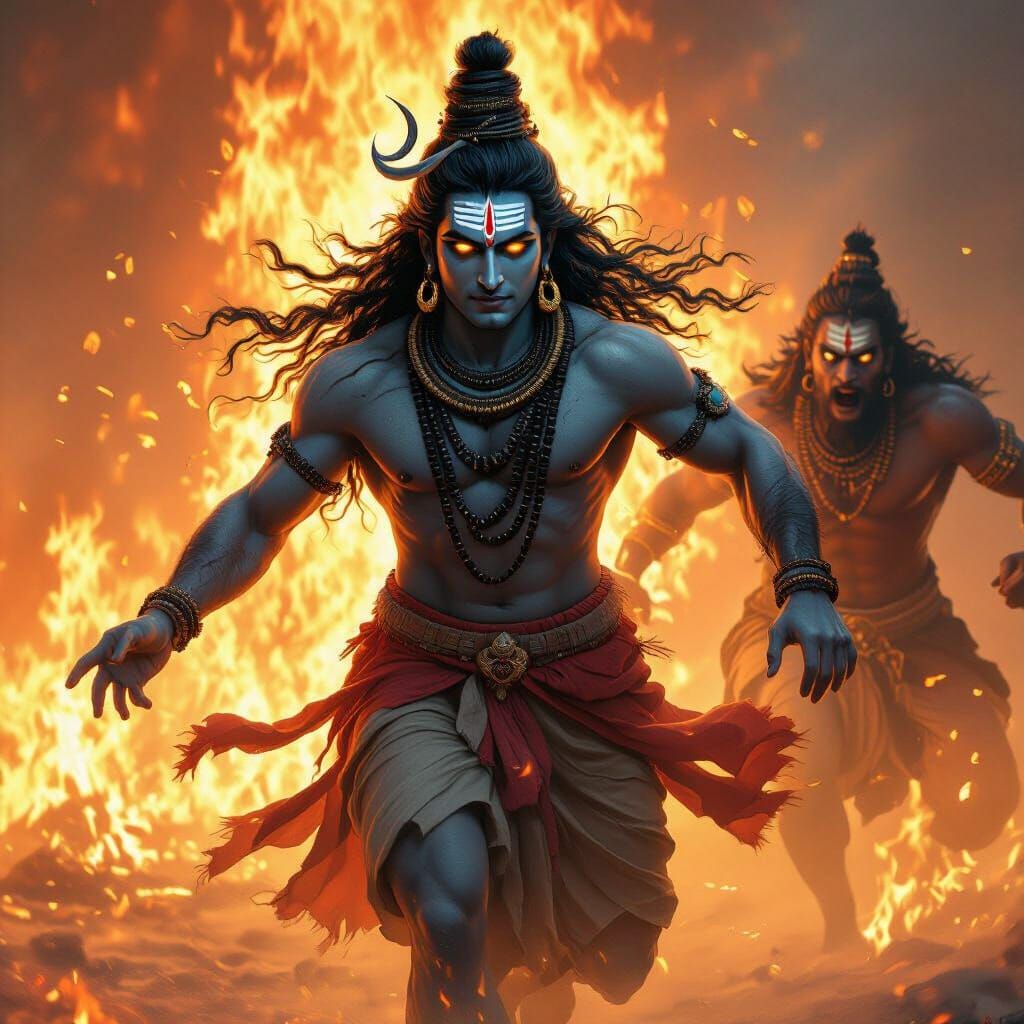 Lord Shiva Pursued by Demon in Blazing Inferno