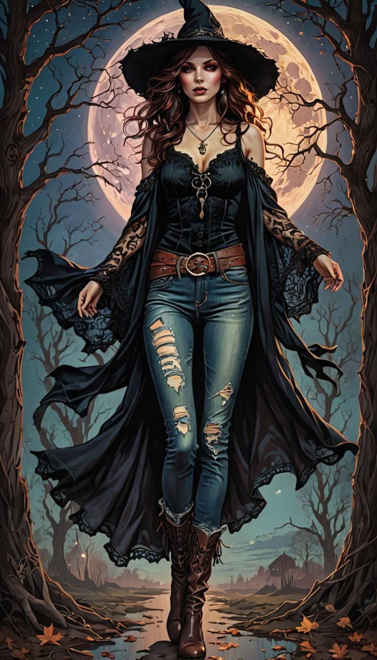 Ethereal Witch in Moonlight, Delicate Line Art Style