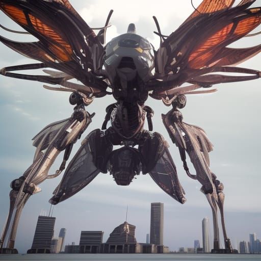 Futuristic Sci-Fi Insect with Cityscape Background