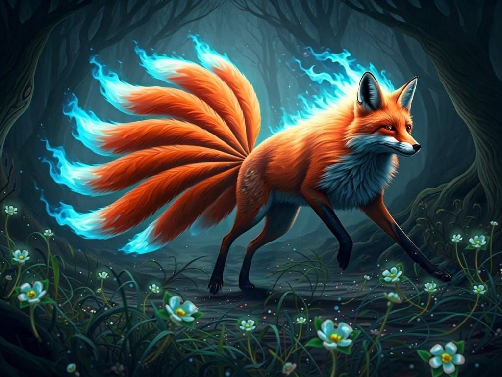 Majestic Nine-Tailed Fox Surrounded by Magical Flowers in Et...