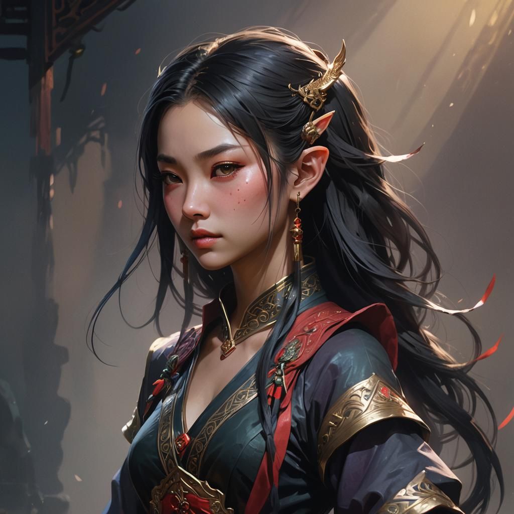 Fantasy Elf Girl in Dark, Detailed Digital Art