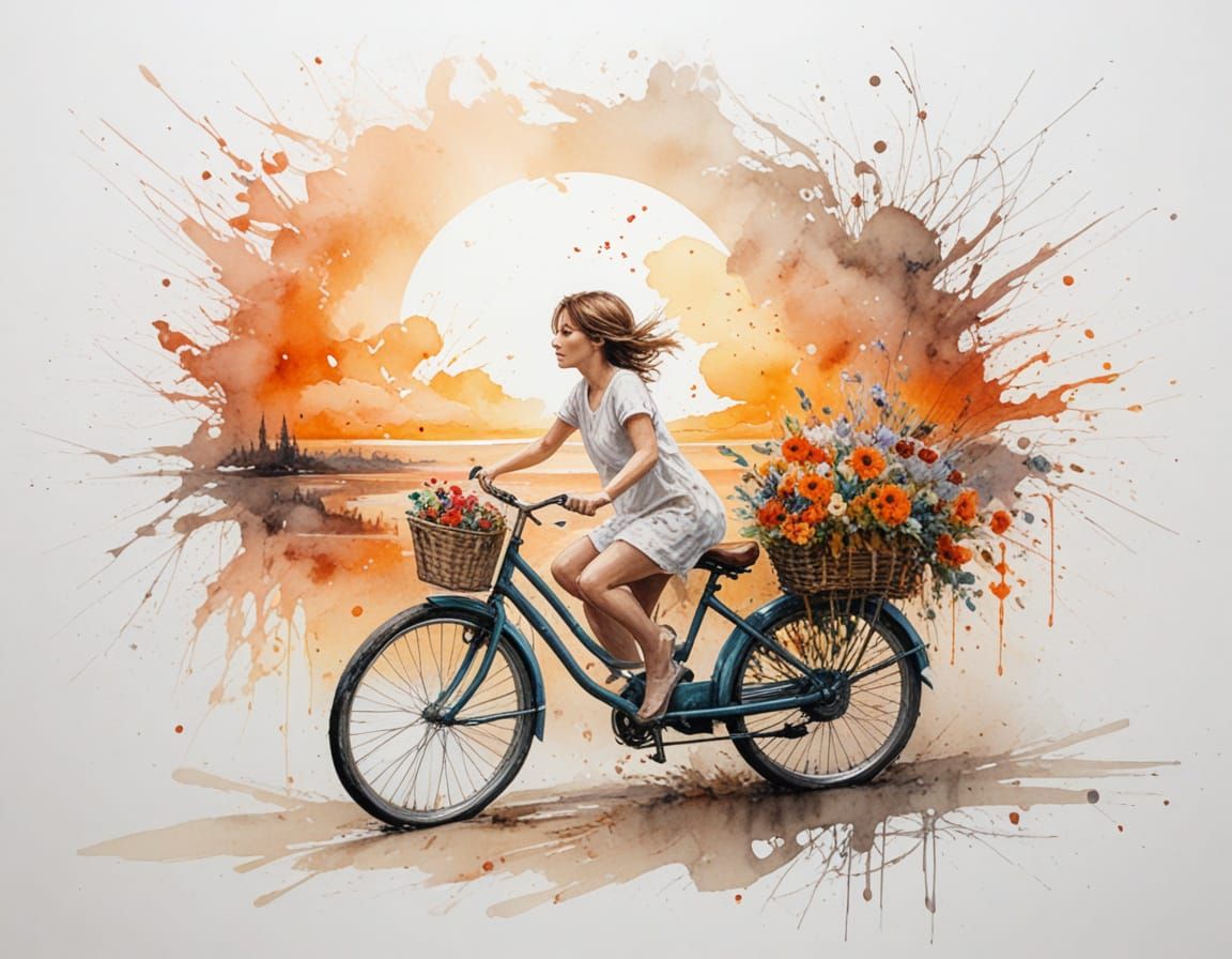 Girl Rides Bicycle with Flowers and Dog in Sunset Storm