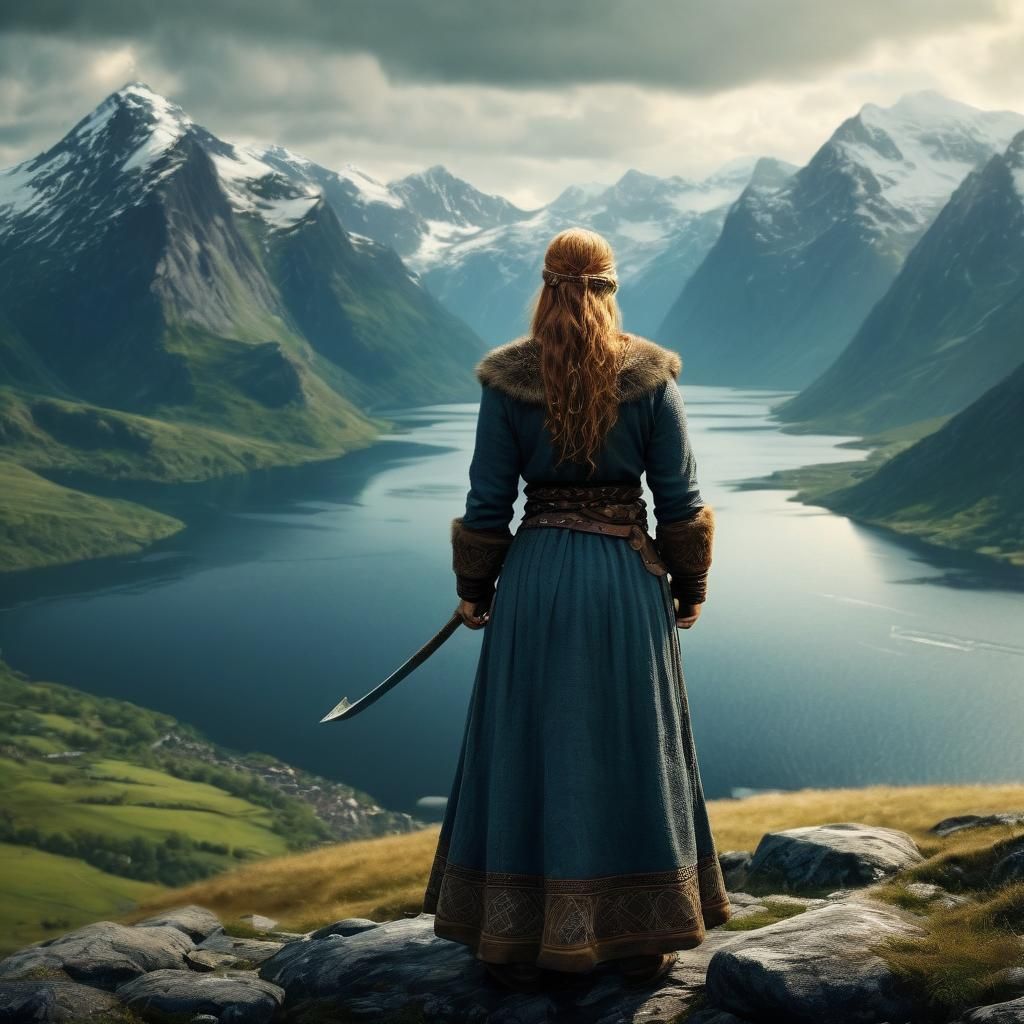 Viking Woman Overlooking Mountainous Landscape