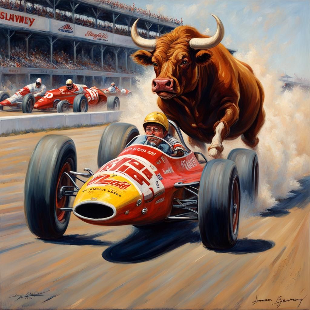 Schlitz Bull Busting Through Indy 500: Oil Painting