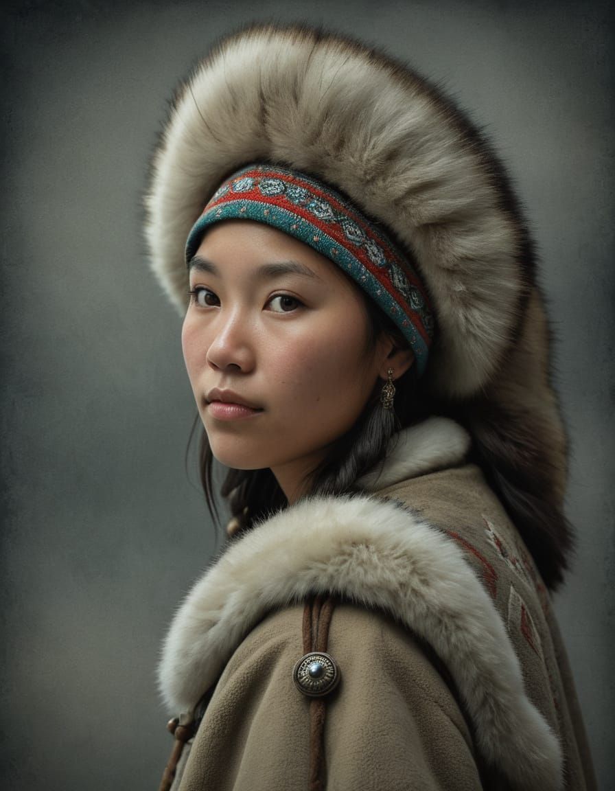 A close-up profile portrait of a inuit greenlandic girl