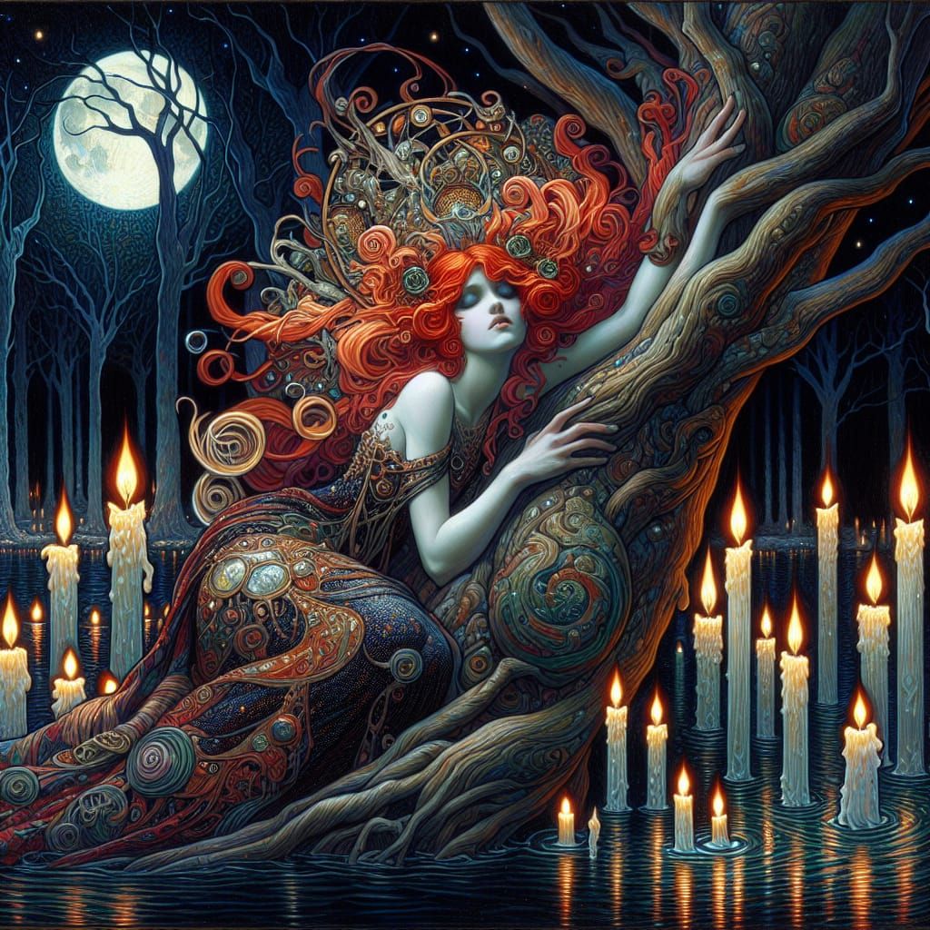 Water Nymph in Art Nouveau and Expressionist Style with Gnar...