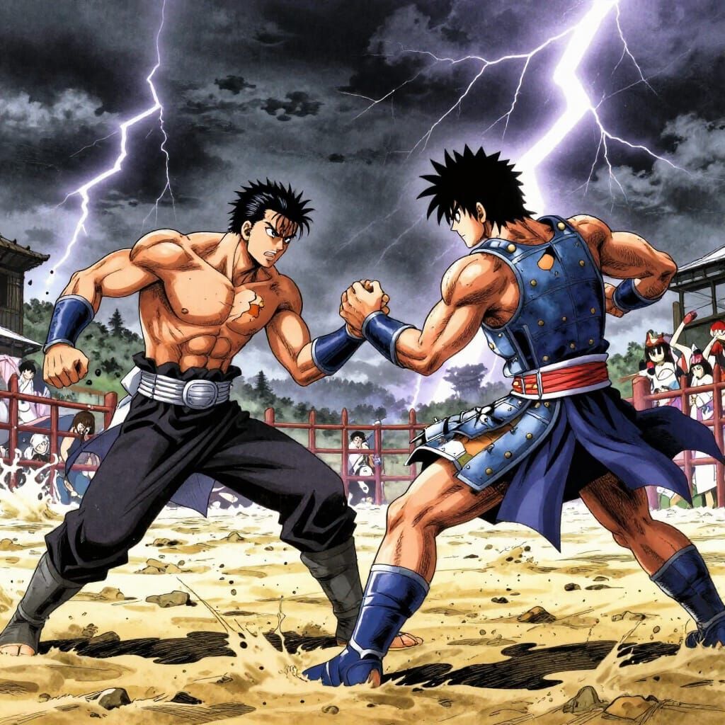 Intense Manga Combat Scene with Fierce Warriors