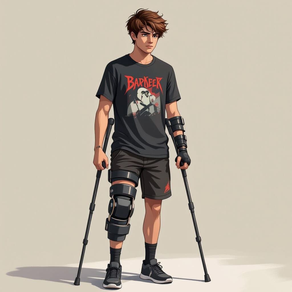 Teenage Man with Leg Brace and Crutches in Concept Art Style