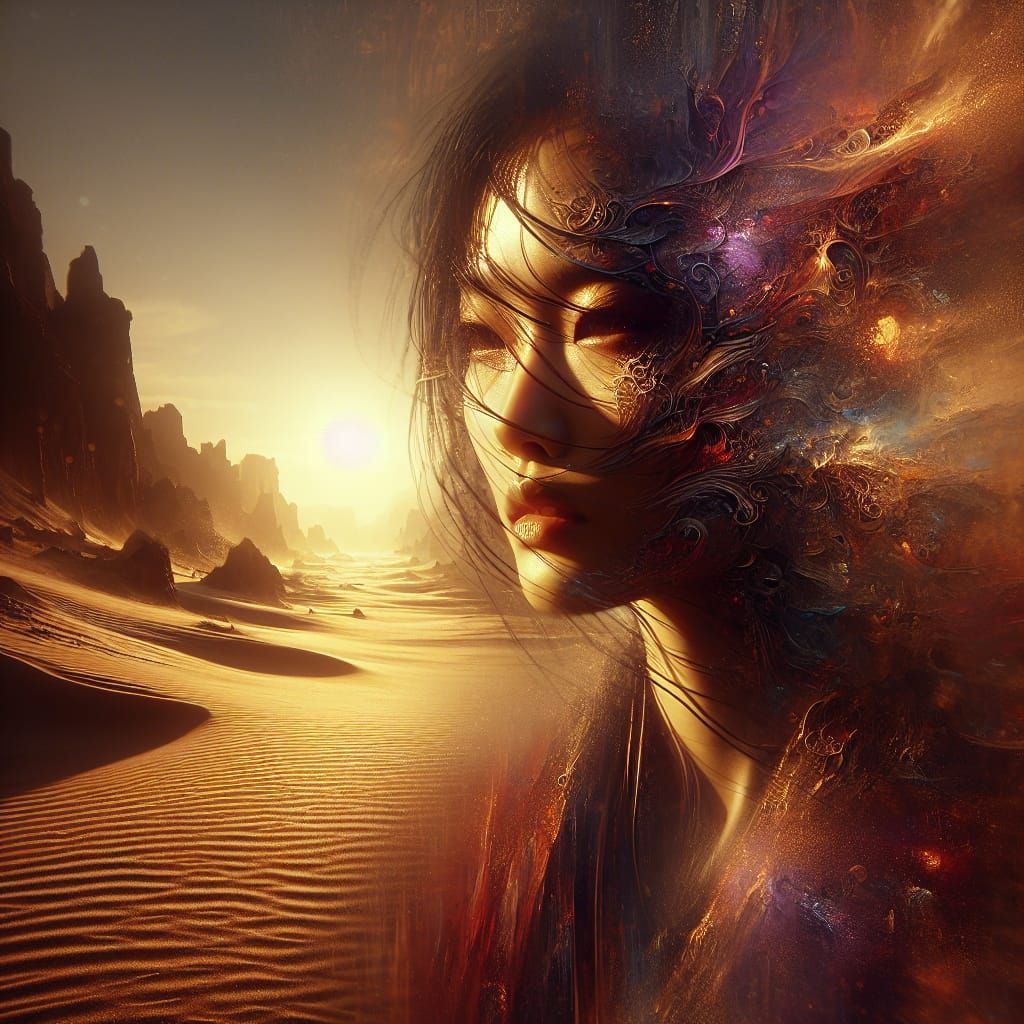 East Asian Woman in Desert Landscape: Fantasy Matte Painting