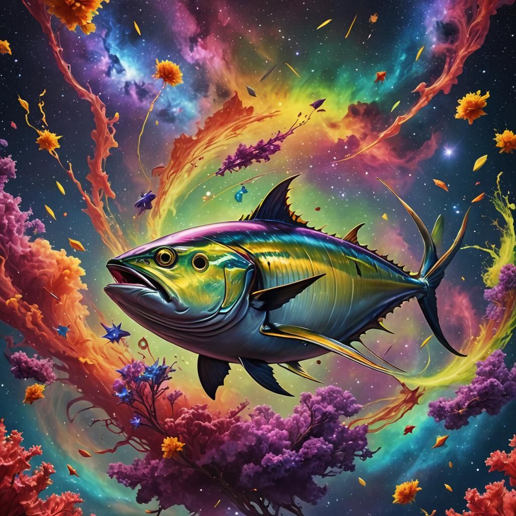 Tuna Flies Through Vermillion Galaxy: Surreal Art