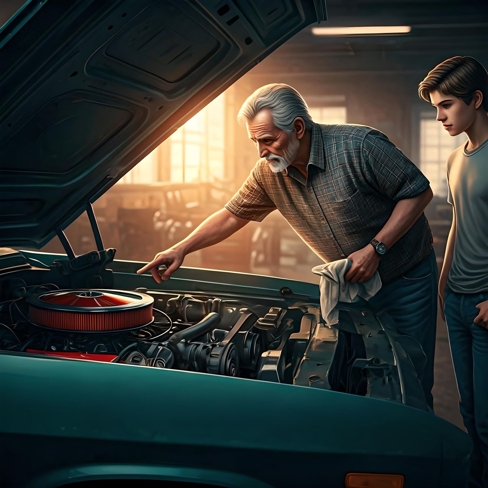 Grandfather teaching mechanic to his grandson on his old mus...