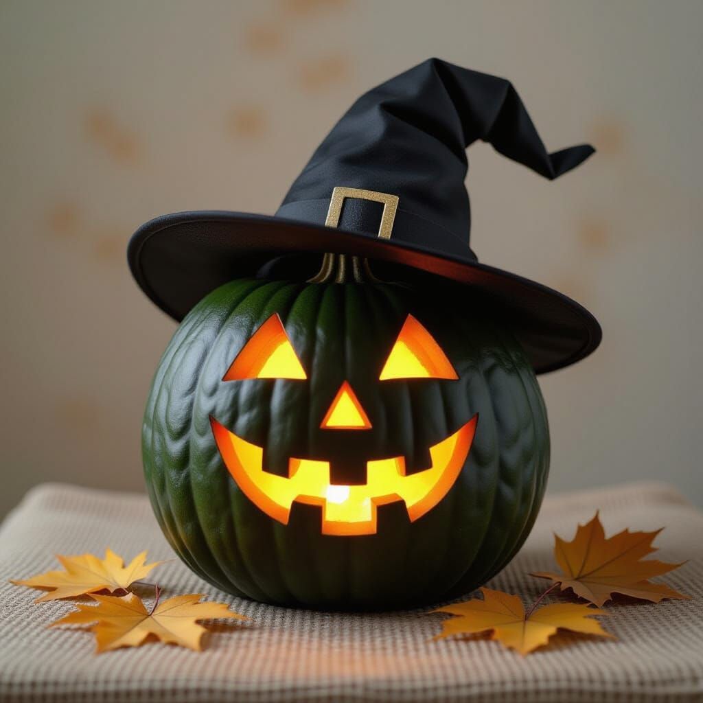 Black Pumpkin Character with Hat Smiling