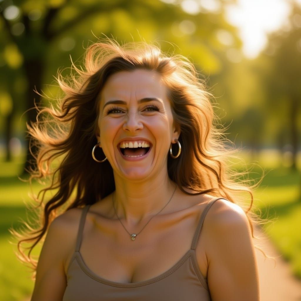 Joyful Woman Laughing in Sun-Dappled Park