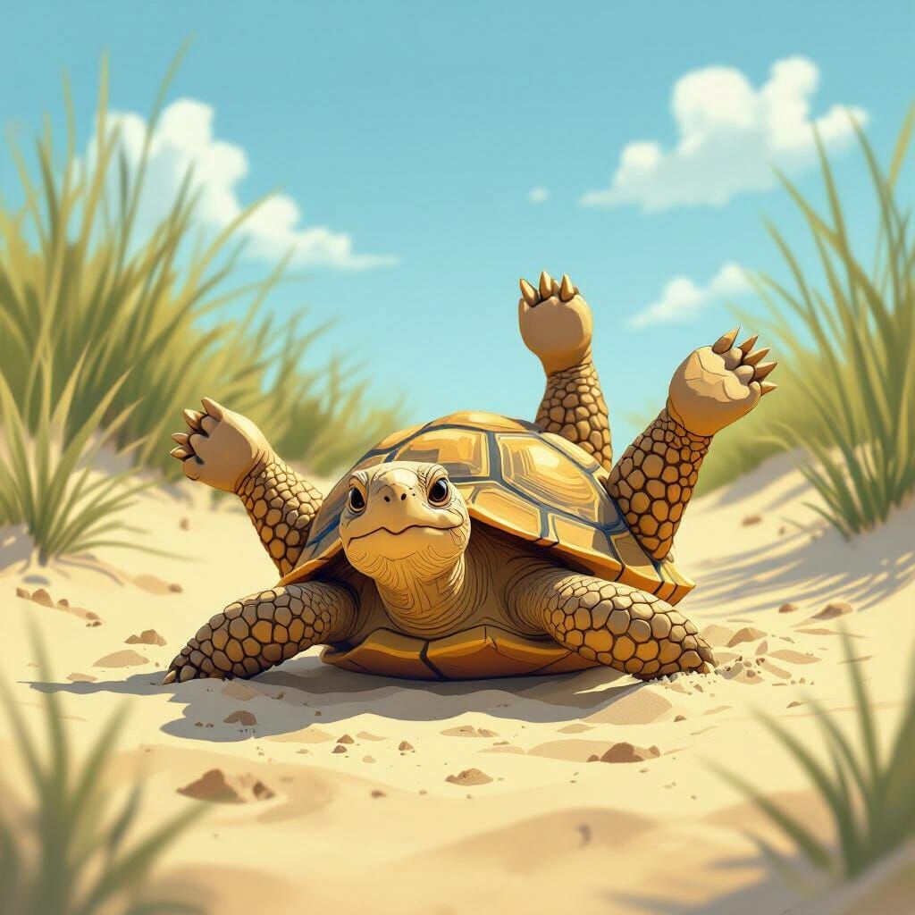 Mr Tortoise Flailing in Sand, Whimsical Illustration