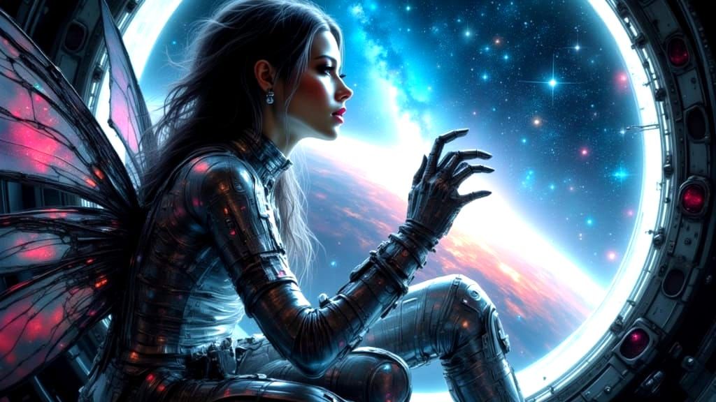 Cyborg Fairy Astronaut Gazing at Distant Galaxies