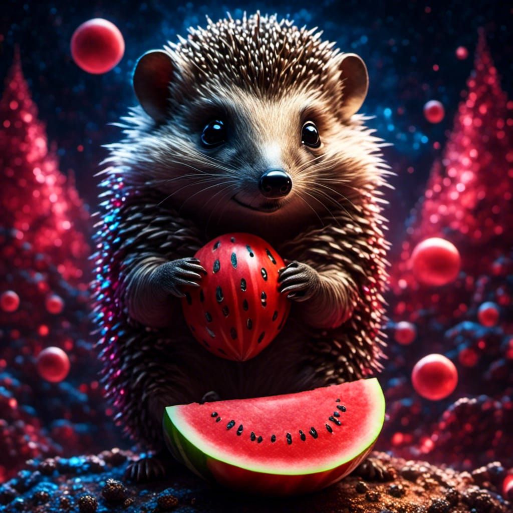 Cosmic Hedgehog Portrait with Watermelon in Hyperreal Style