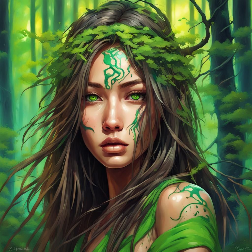 Stunning Asian Druid in Forest, Graffiti Art Style