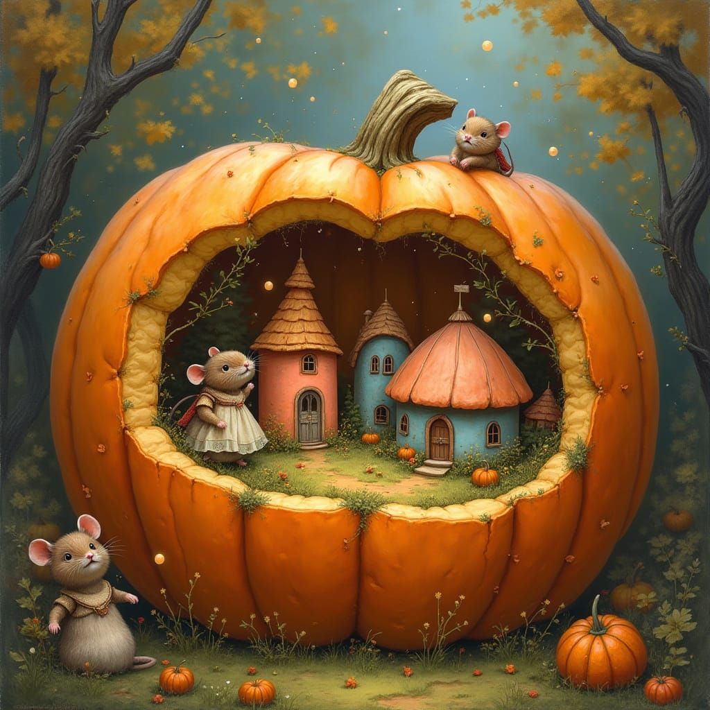 Miniature Town Inside Pumpkin, Hyperdetailed Oil Painting