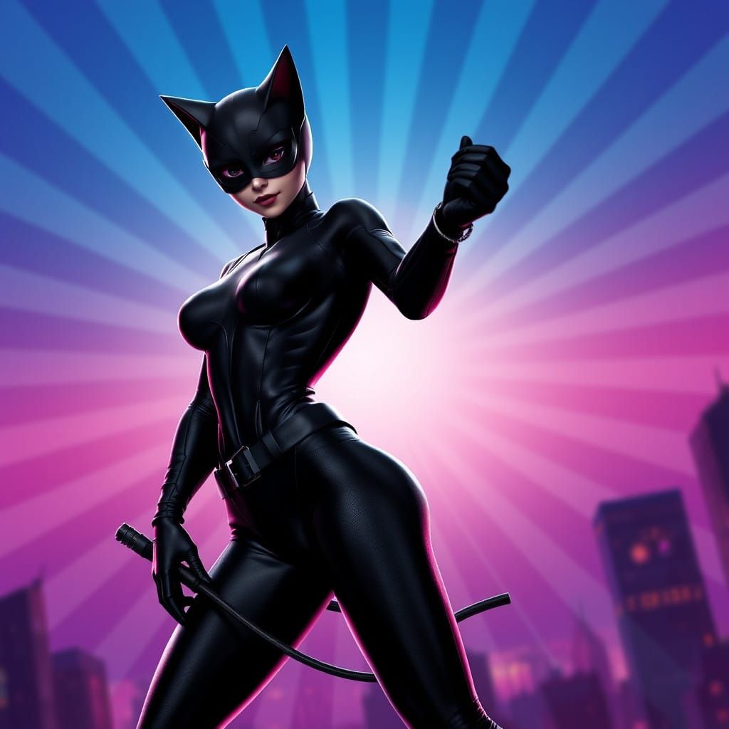 Sultry Catwoman Concept Art in Vibrant Gotham City Night Sky