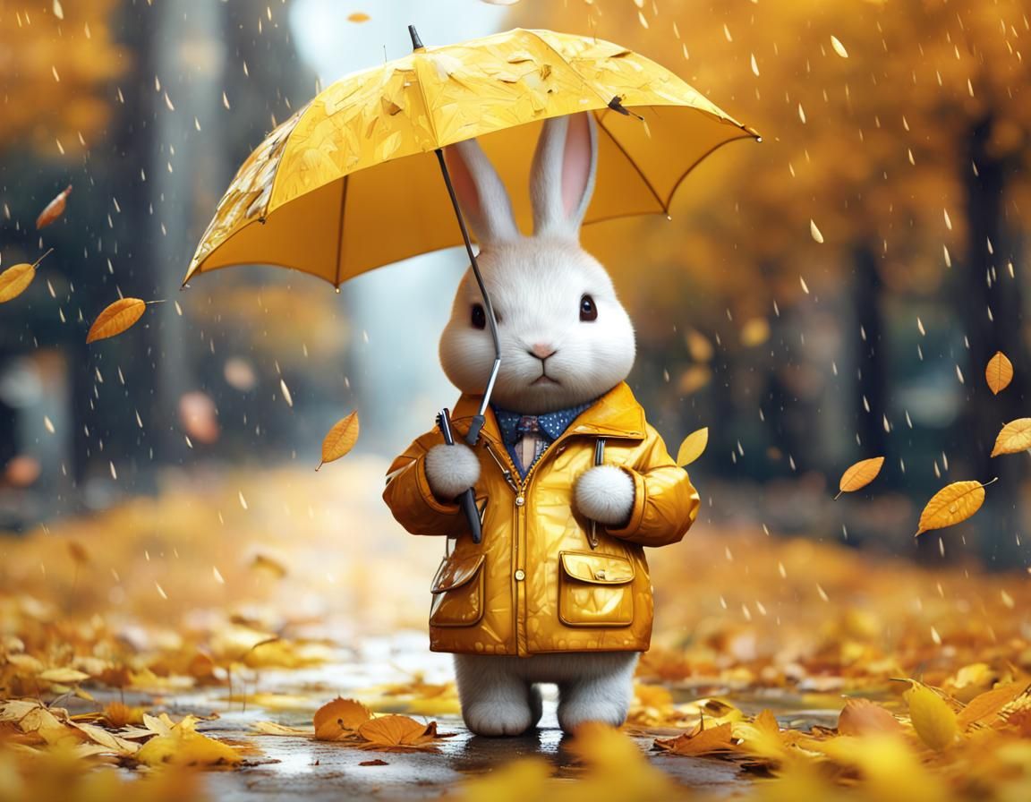 Rabbit with Umbrella in Autumn Rain, Digital Art