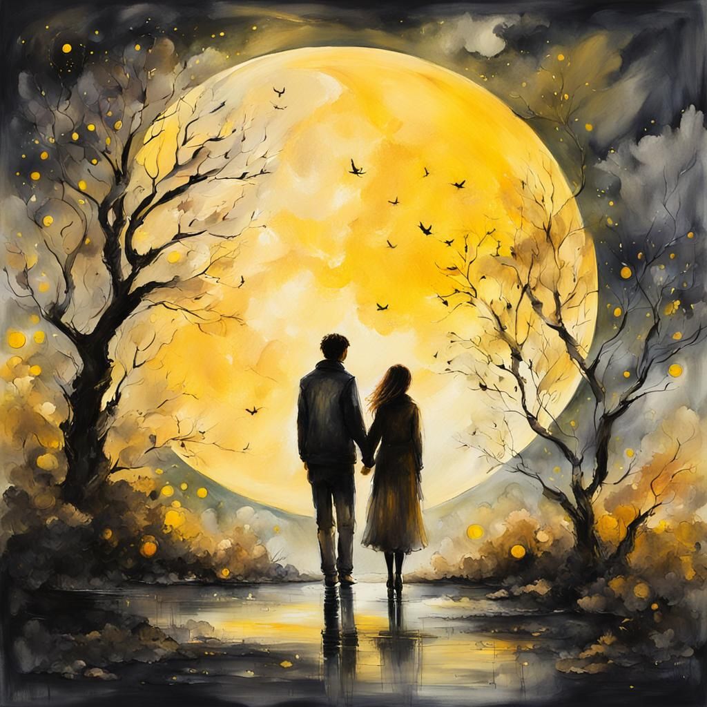 Lovers Under Moon in Impressionistic Ink Painting