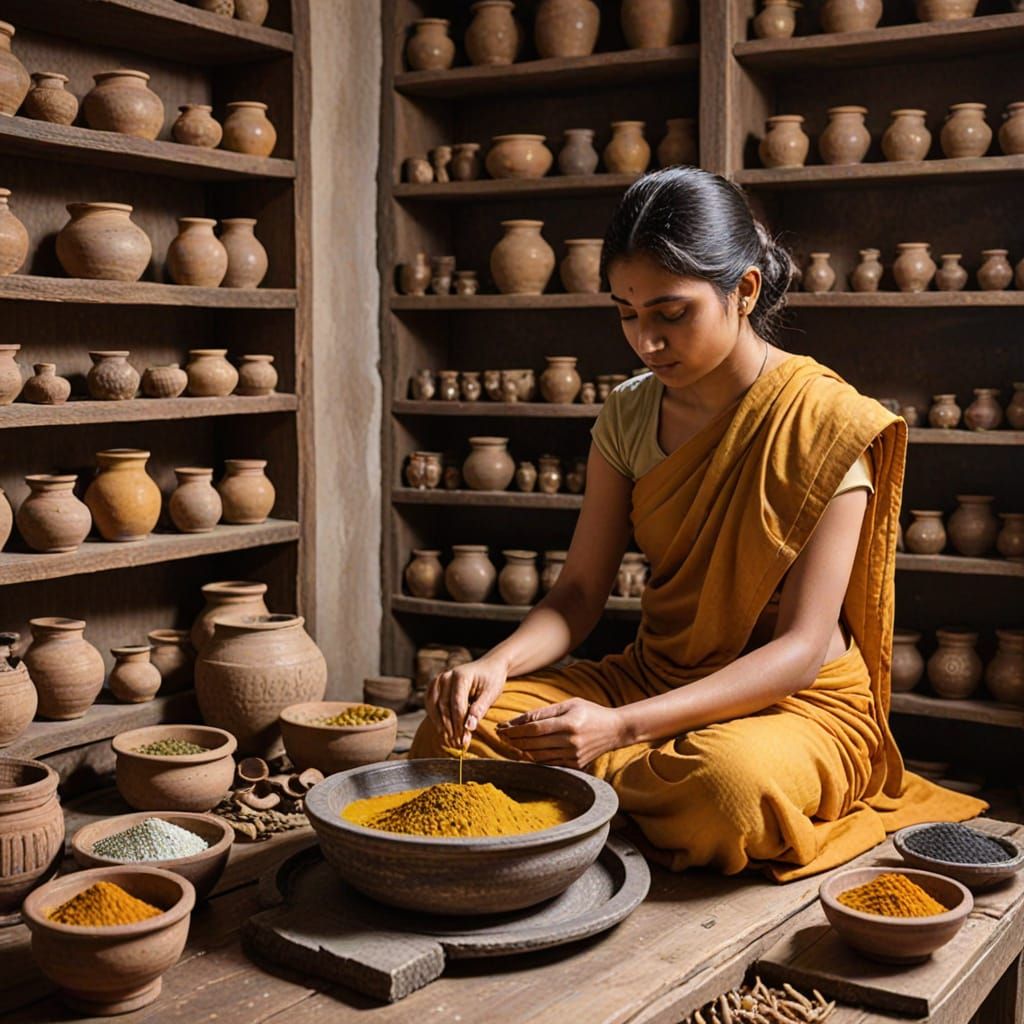 Create an intricate and detailed image of Swarn Makshik Bhasma preparation in an ancient Ayurvedic laboratory. The scene...