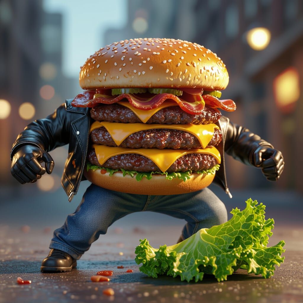 Hyperrealistic 3D Cheeseburger Attacks Kale