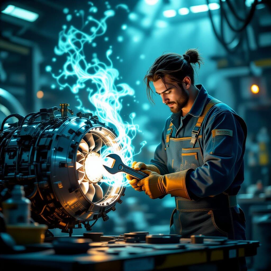 Mechanic Uses Magic Wrench on Futuristic Jet Engine