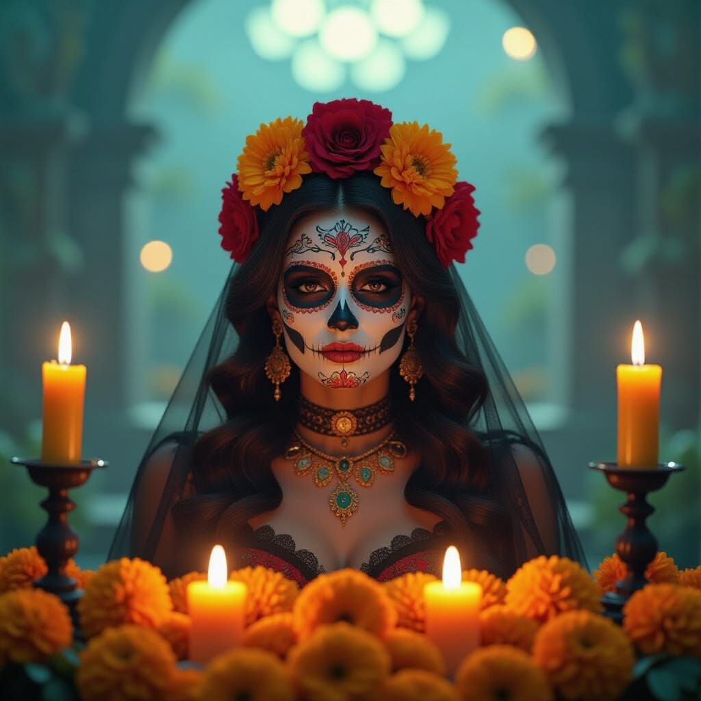 Cinematic Sugar Skull Woman with Marigolds