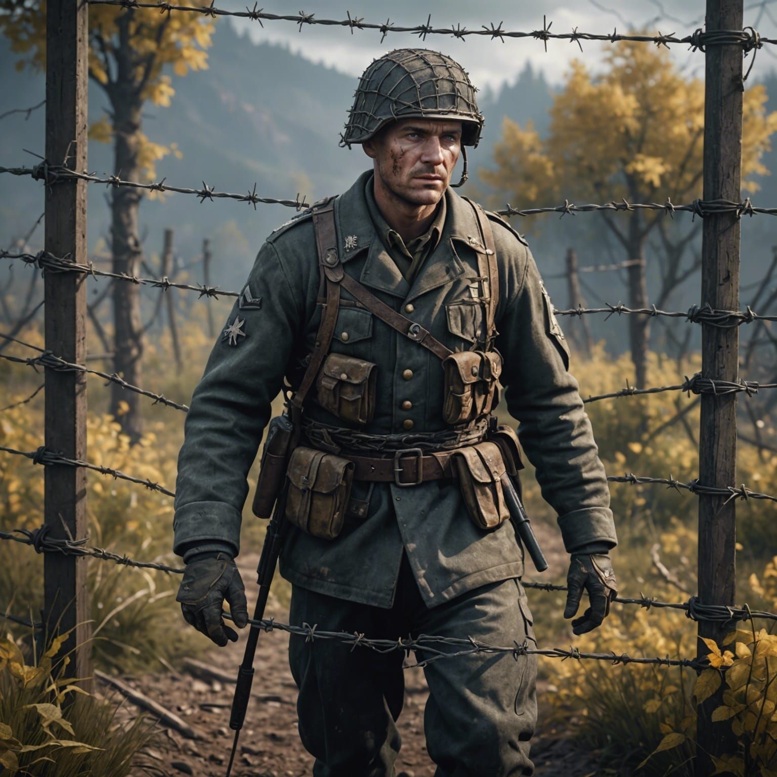 WWII German Soldier in Barbed Wire, Detailed Matte Painting