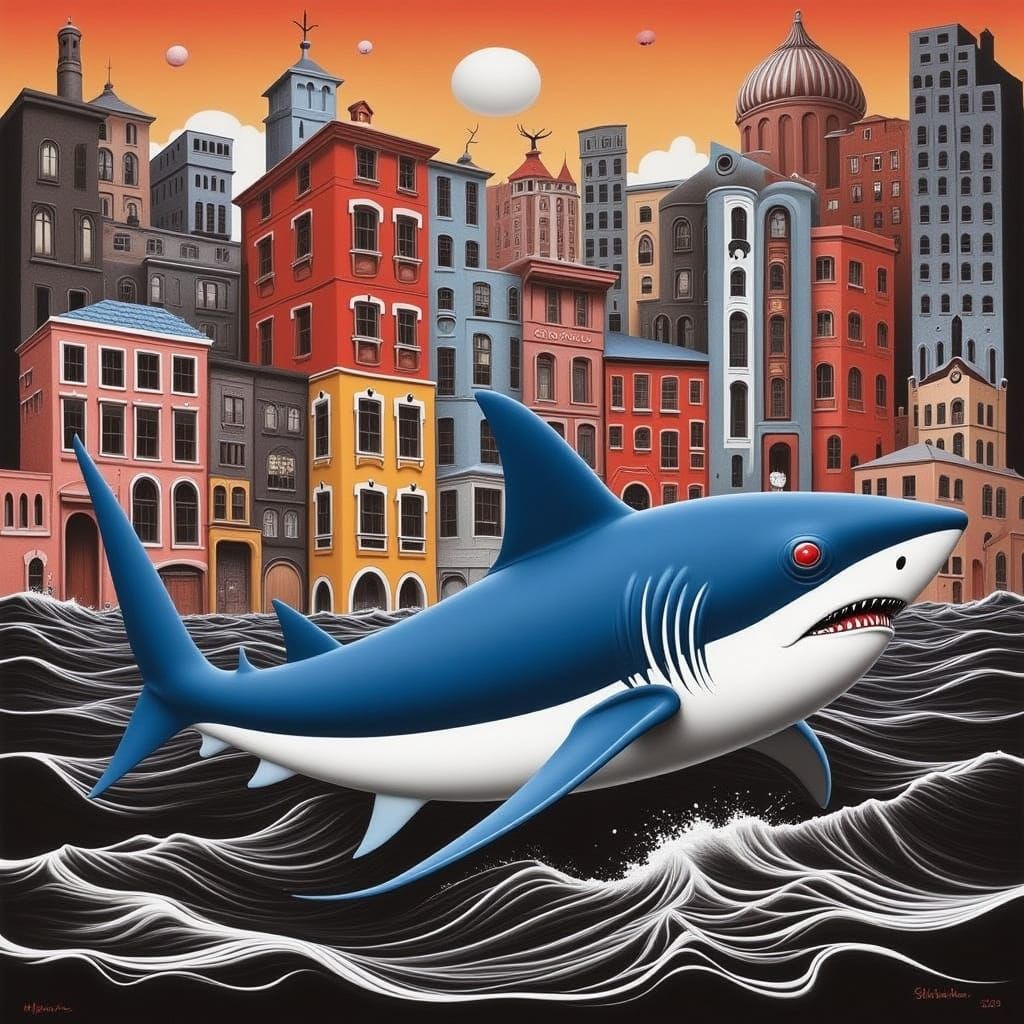 Pop Art Shark in Abstract Cityscape