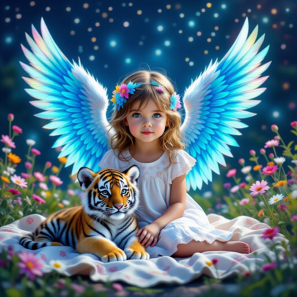Girl with Angel Wings and Tiger Cub in Photorealistic 3D