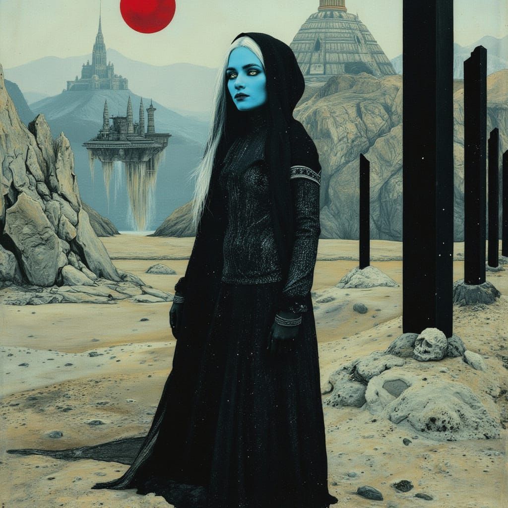 Otherworldly Woman in Desert Under Red Moon