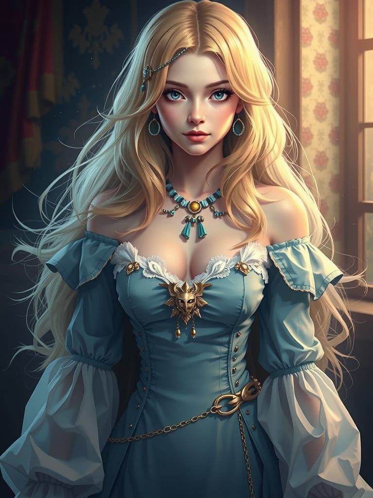 Elegant 18th-Century Arknights Warrior in Lightblue Chemise