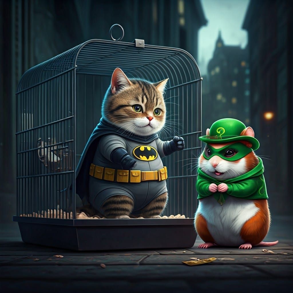 Batman Cat vs Riddler Hamster in Anime Art