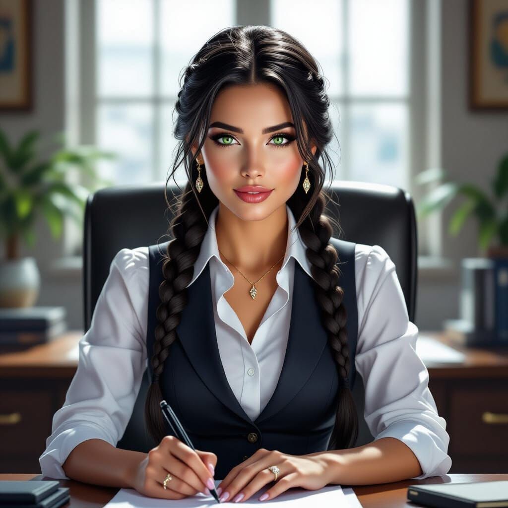 Radiant Secretary with Black Braids in Dramatic Office