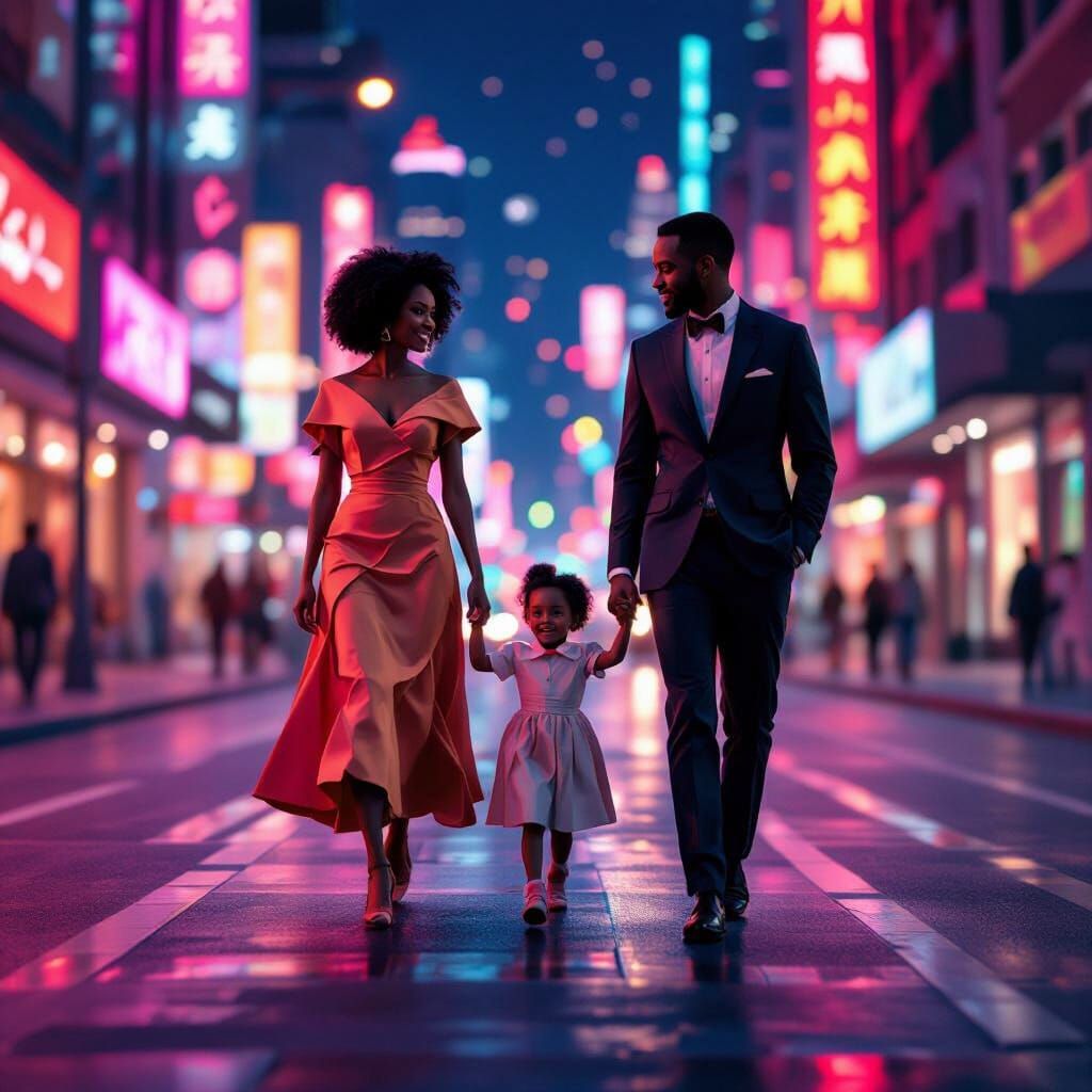 Neon Cityscape: A Black Family in Futuristic Style