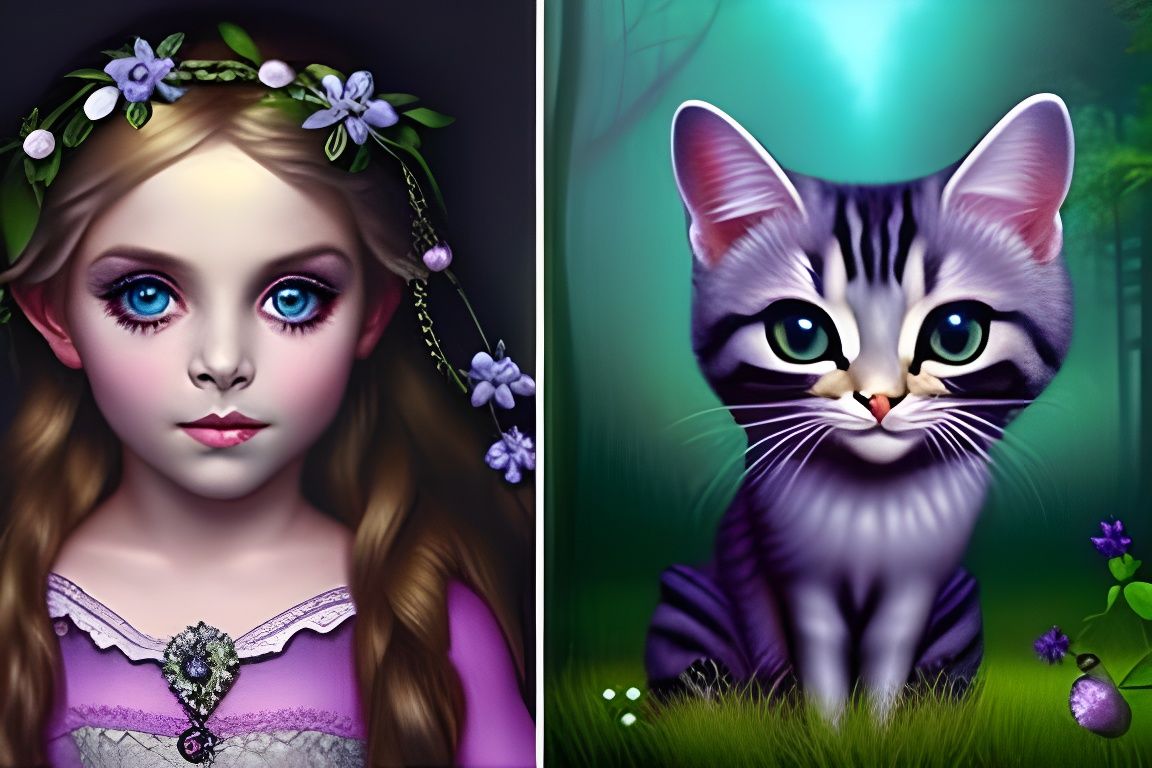 Sweet Girl with Kitten in Surreal Fantasy Art Style